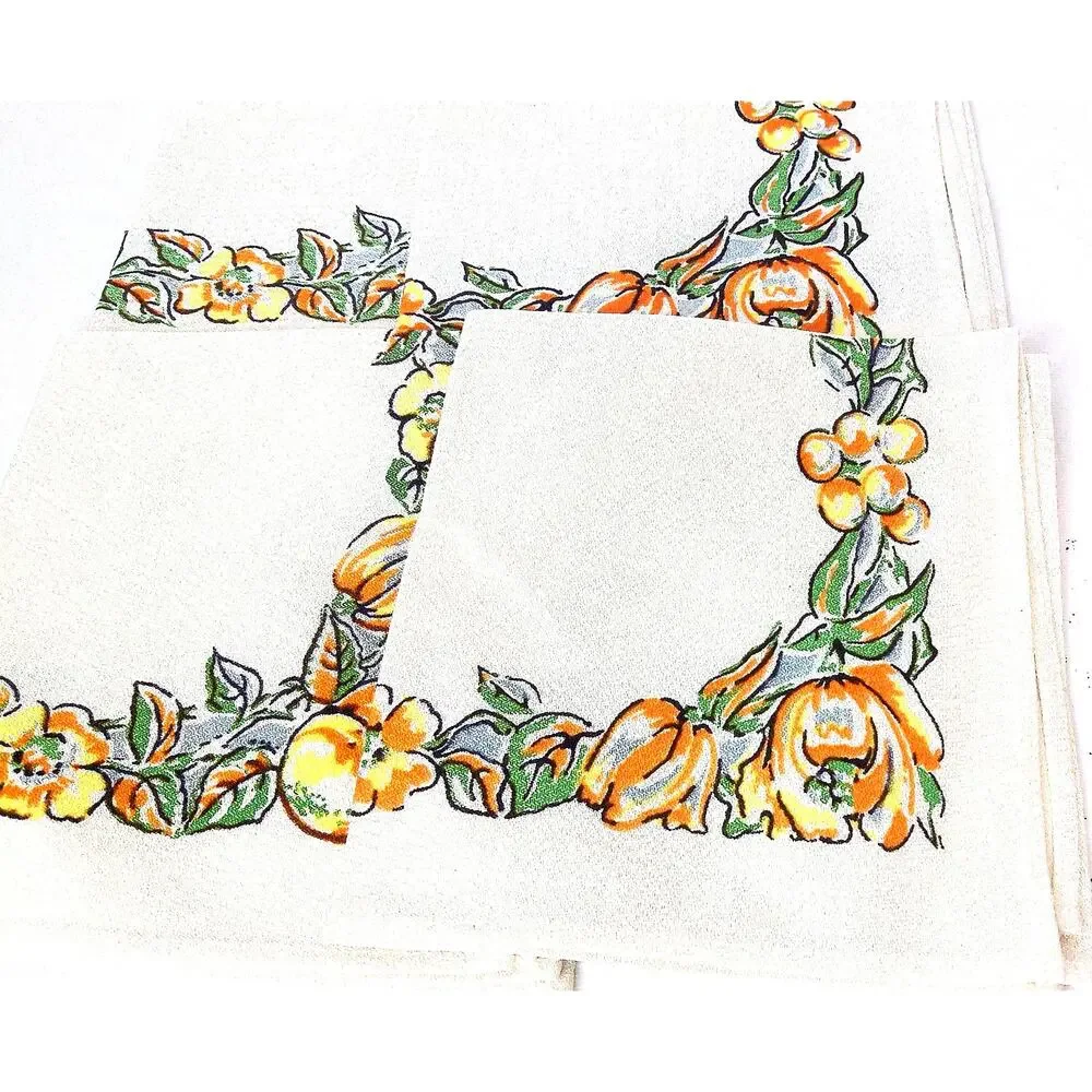 Vintage Retro Orange Green Floral Fabric Dinner Napkins 15x15 Set of 4